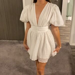 Mini Textured Puff Sleeve Plunge Dress